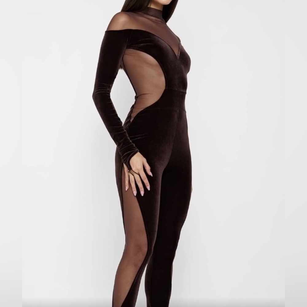 MANIÈRE DE VOIR VELVET & MESH BROWN JUMPSUIT SZ US 10